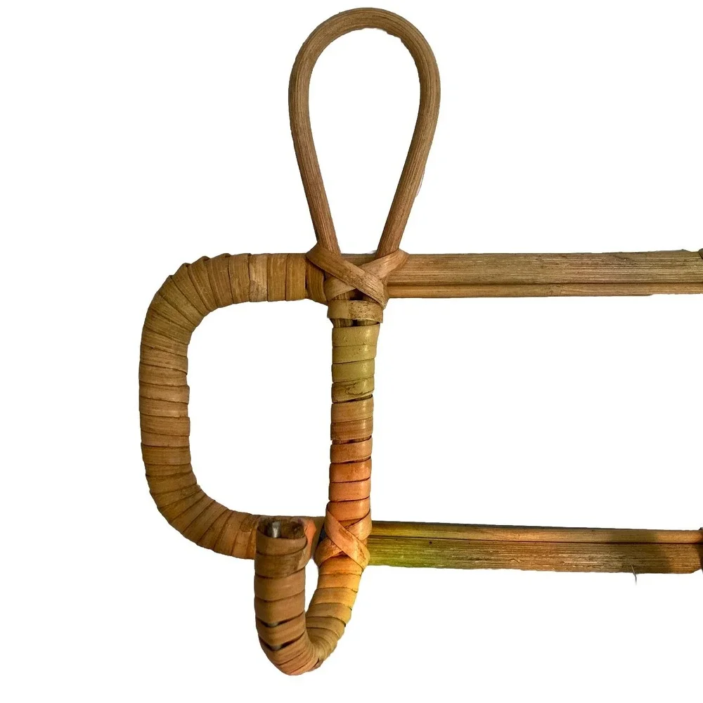 Vintage Rattan Bamboo 3 Hook Coat Rack Hanger Wall Mount 14.5